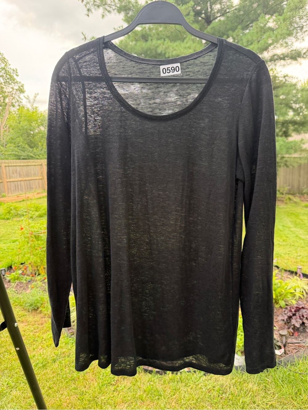 Eileen Fisher 100% Linen Knit Long Sleeve Scoop Neck Tunic Top Black Sheer XS